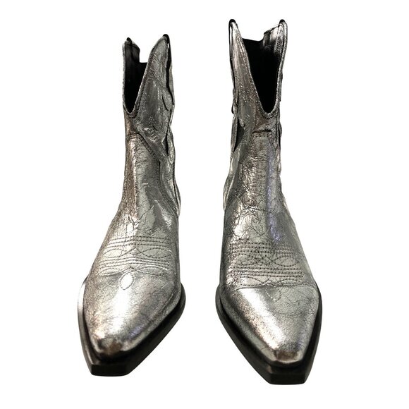 Free People Silver Way Out West Distressed Metallic Western Cowboy Boots 8.5 - Picture 3 of 10